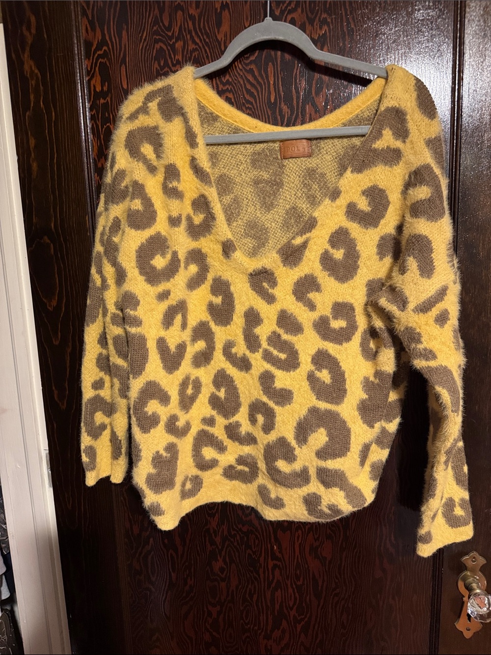 POL Yellow and Brown Leopard-Print V-Neck Sweater